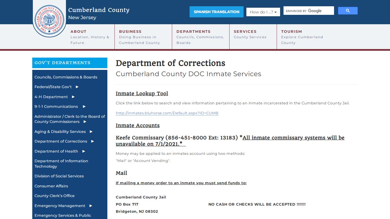 Inmate Services - Cumberland County, New Jersey (NJ)